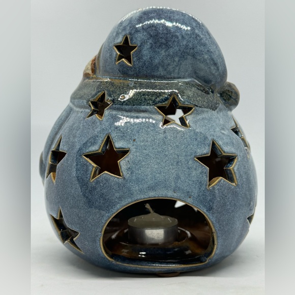 Ceramic Blue Holiday Snowman Tea Light Candle Holder with Star Cut Outs - Picture 4 of 8